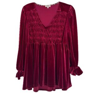 Umgee BURGUNDY Dark Red L Velvet Smocked Ruching Blouse